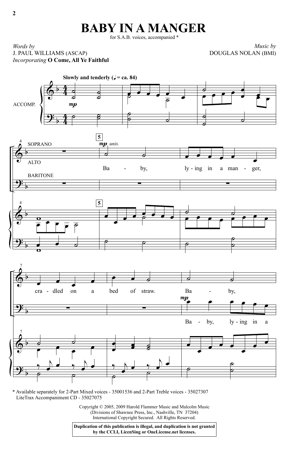 Download J. Paul Williams and Douglas Nolan Baby In A Manger Sheet Music and learn how to play 2-Part Choir PDF digital score in minutes