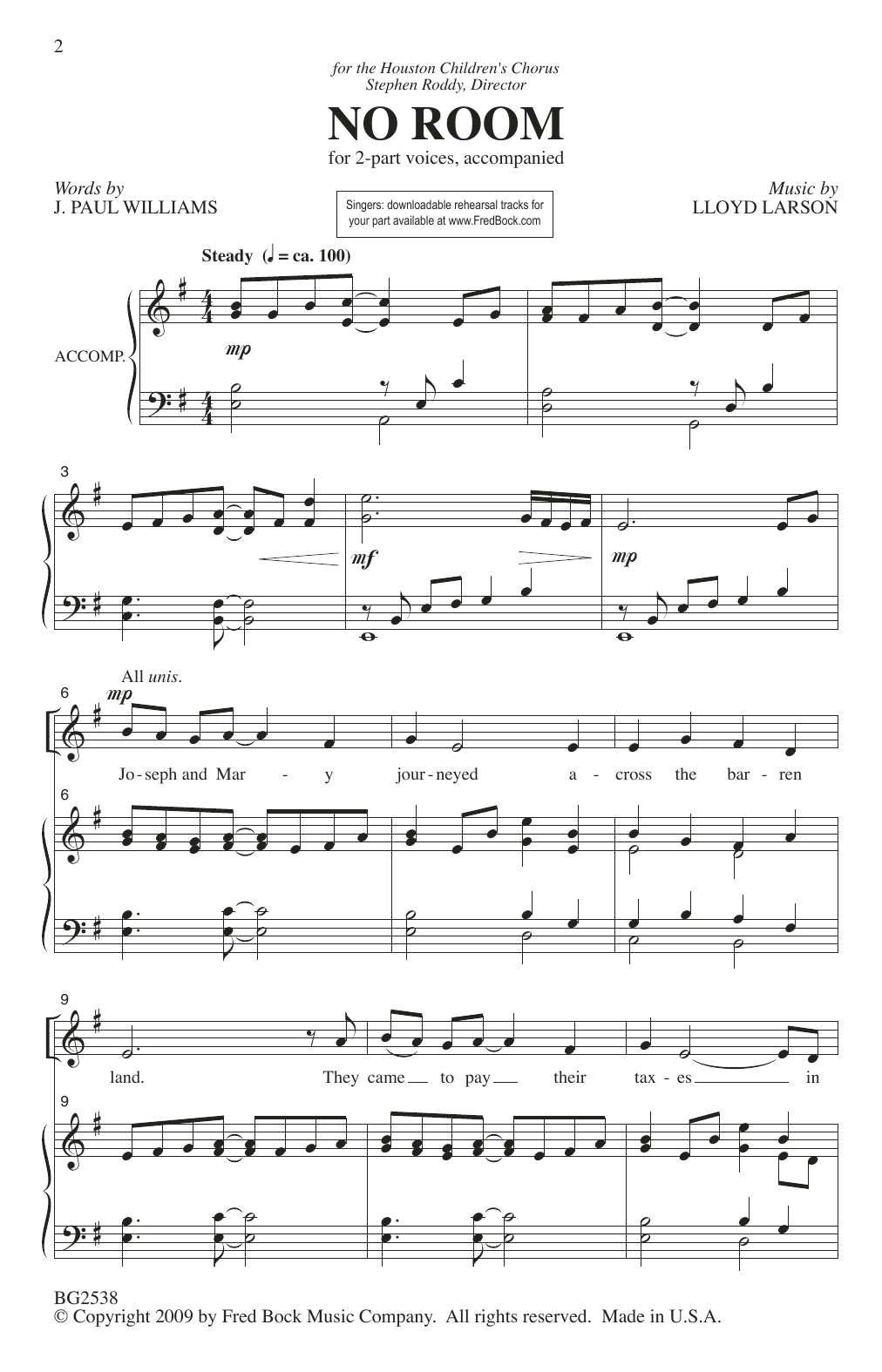 Download J. Paul Williams and Lloyd Larson No Room Sheet Music and learn how to play 2-Part Choir PDF digital score in minutes