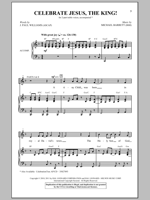 Download J. Paul Williams Celebrate Jesus The King Sheet Music and learn how to play 2-Part Choir PDF digital score in minutes