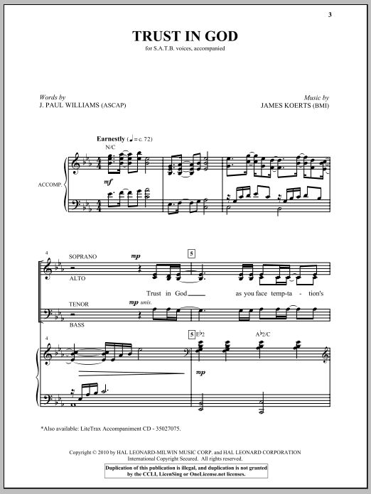 Download J. Paul Williams Trust In God Sheet Music and learn how to play SATB Choir PDF digital score in minutes