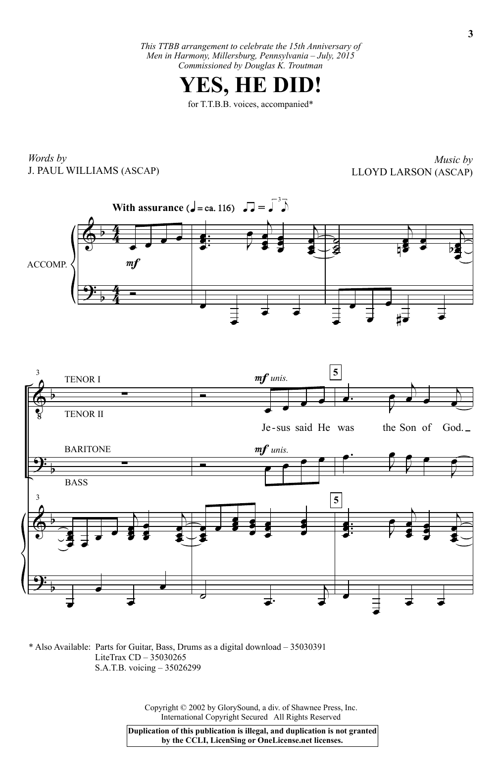 Download J. Paul Williams Yes, He Did! Sheet Music and learn how to play TTBB PDF digital score in minutes