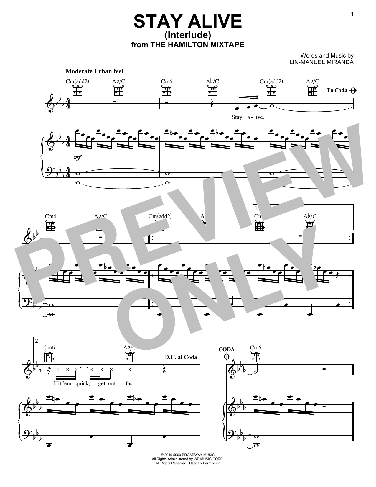 Download Lin-Manuel Miranda Stay Alive (Interlude) Sheet Music and learn how to play Piano, Vocal & Guitar (Right-Hand Melody) PDF digital score in minutes
