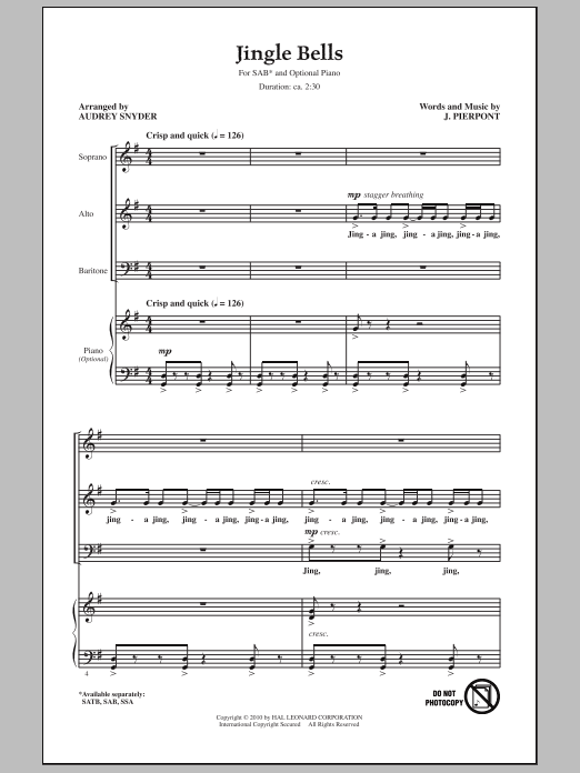 Download Audrey Snyder Jingle Bells Sheet Music and learn how to play SAB Choir PDF digital score in minutes