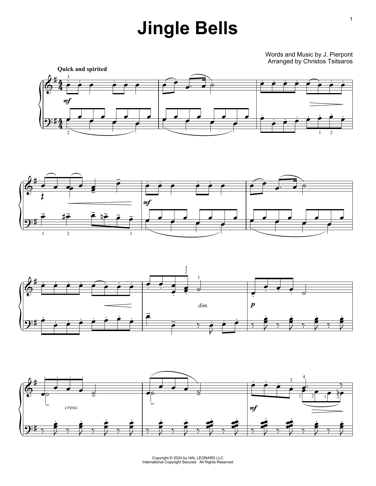 Download J. Pierpont Jingle Bells (arr. Christos Tsitsaros) Sheet Music and learn how to play Easy Piano Solo PDF digital score in minutes