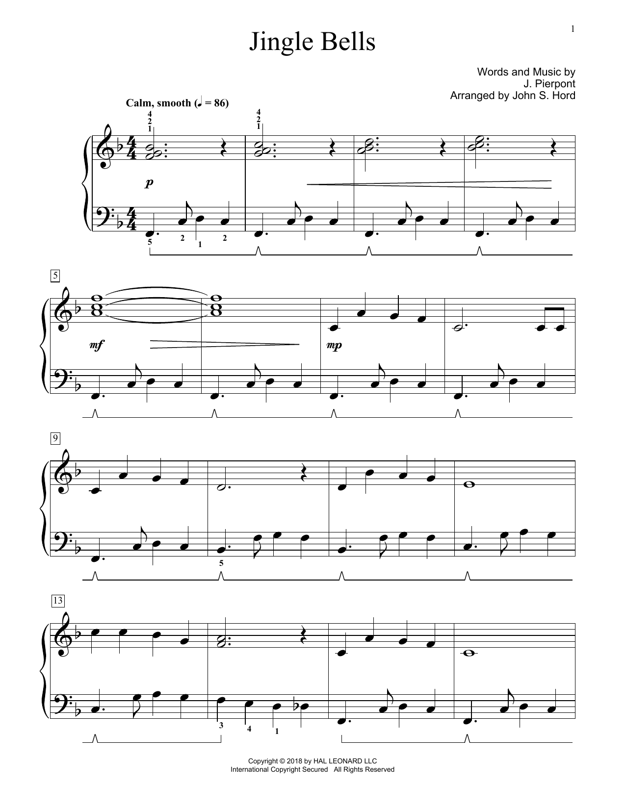 Download J. Pierpont Jingle Bells (arr. John S. Hord) Sheet Music and learn how to play Educational Piano PDF digital score in minutes