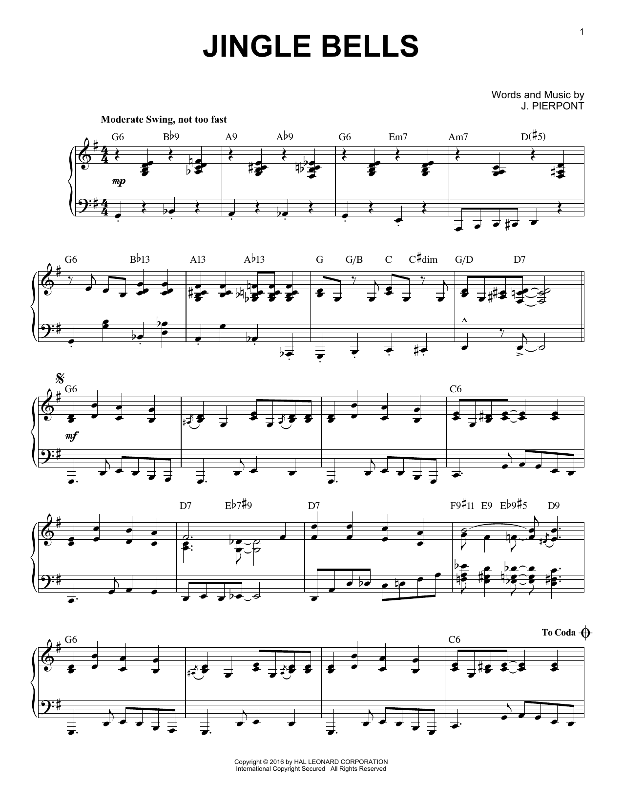 Download J. Pierpont Jingle Bells Sheet Music and learn how to play Piano PDF digital score in minutes
