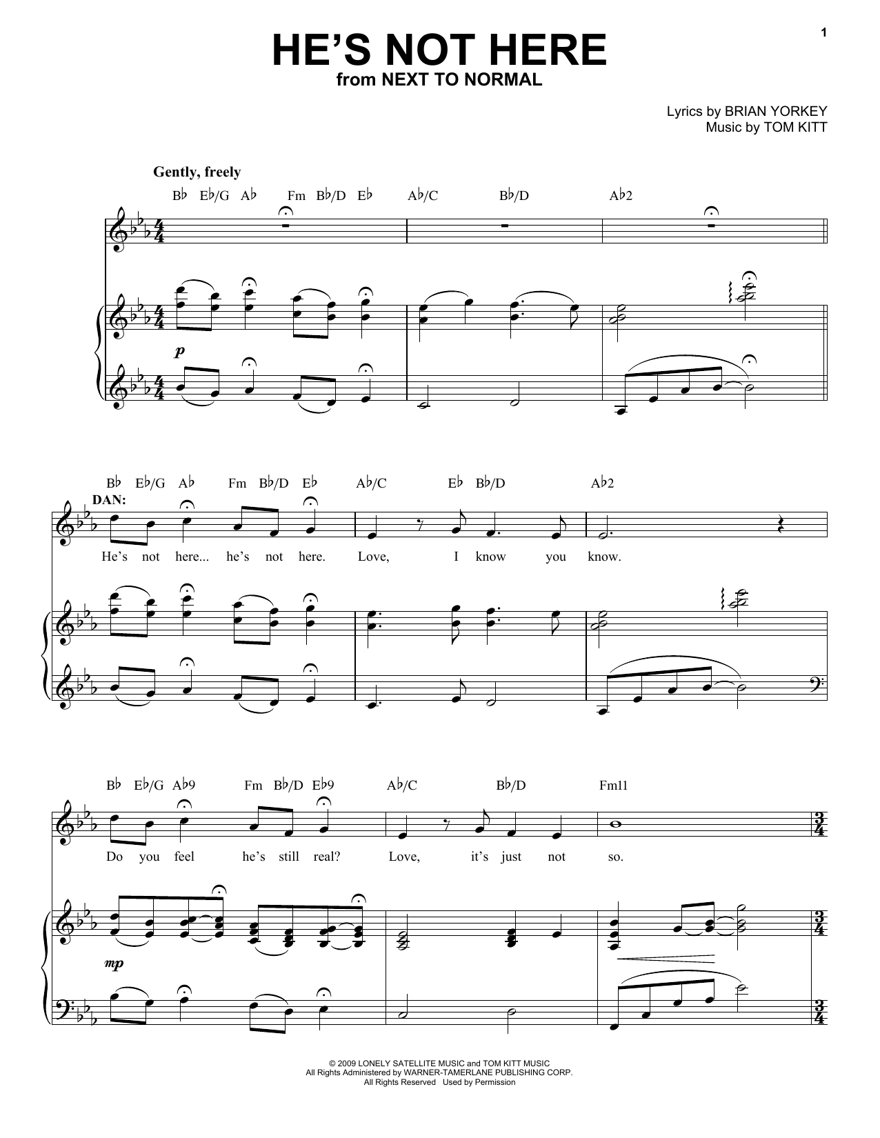 Download J. Robert Spencer He's Not Here (from Next to Normal) Sheet Music and learn how to play Piano & Vocal PDF digital score in minutes