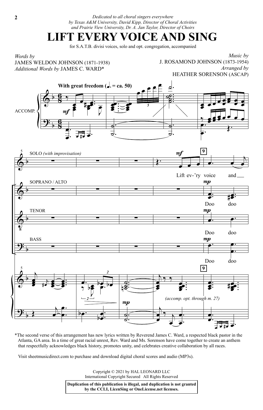 Download J. Rosamond Johnson Lift Every Voice And Sing (arr. Heather Sorenson) Sheet Music and learn how to play SATB Choir PDF digital score in minutes