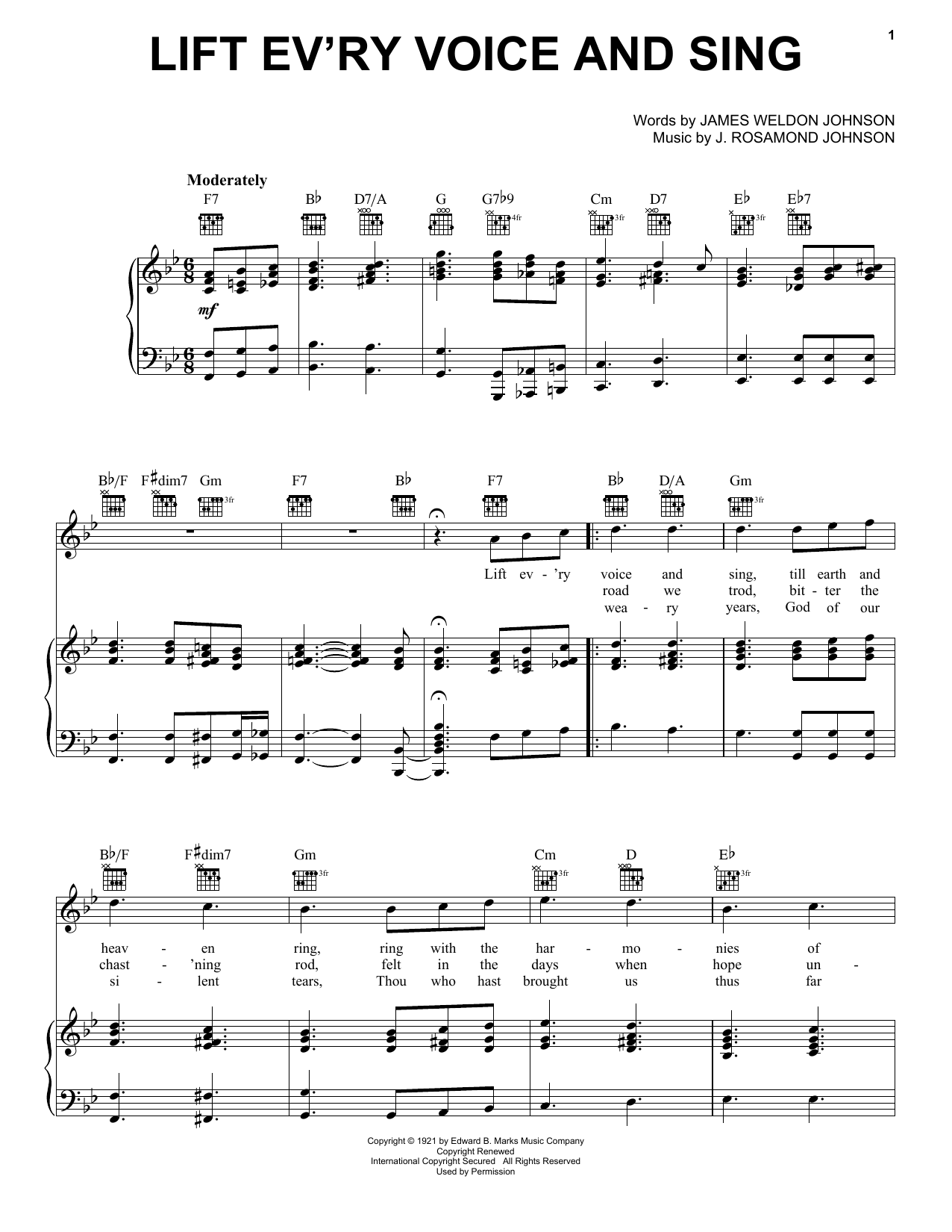 Download J. Rosamond Johnson Sheet Music and learn how to play Piano, Vocal & Guitar (Right-Hand Melody) PDF score in minutes