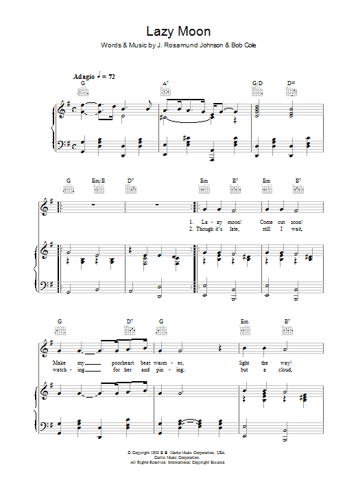 Download J. Rosamond Johnson Lazy Moon Sheet Music and learn how to play Piano, Vocal & Guitar (Right-Hand Melody) PDF digital score in minutes