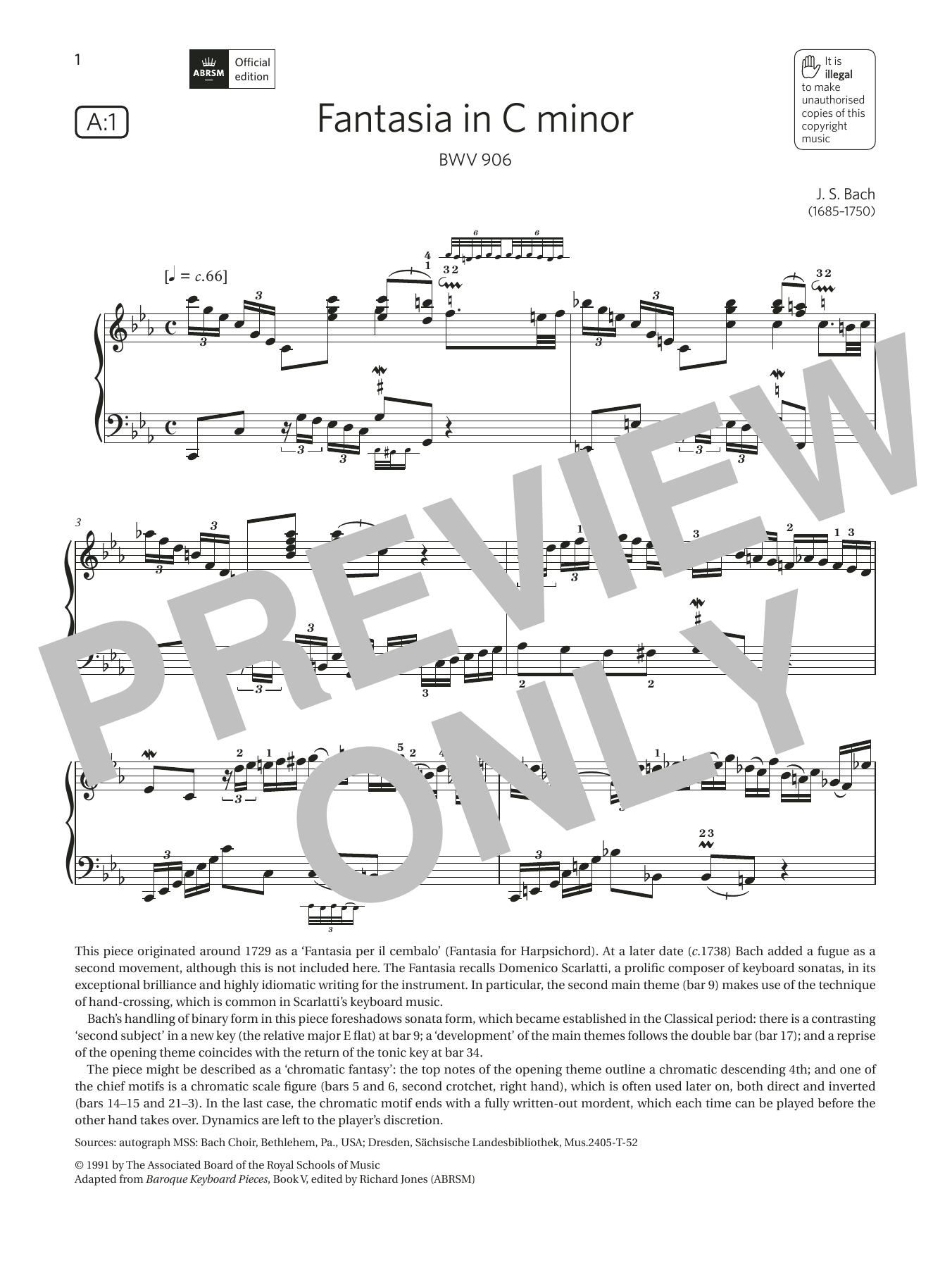 Download J. S. Bach Fantasia in C minor (Grade 8, list A1, from the ABRSM Piano Syllabus 2021 & 2022 Sheet Music and learn how to play Piano Solo PDF digital score in minutes