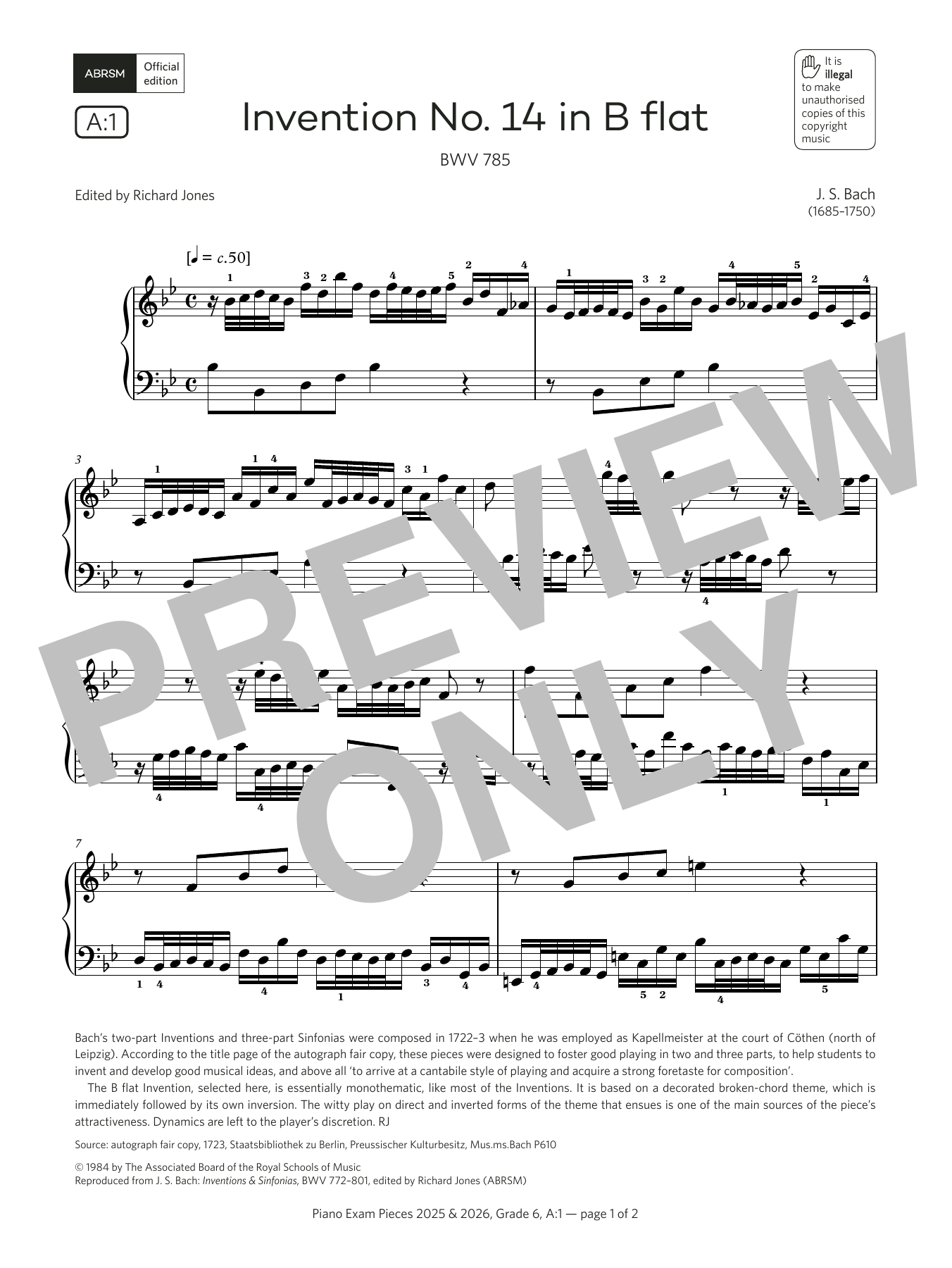 Download J. S. Bach Invention No. 14 in B flat (Grade 6, list A1, from the ABRSM Piano Syllabus 2025 Sheet Music and learn how to play Piano Solo PDF digital score in minutes