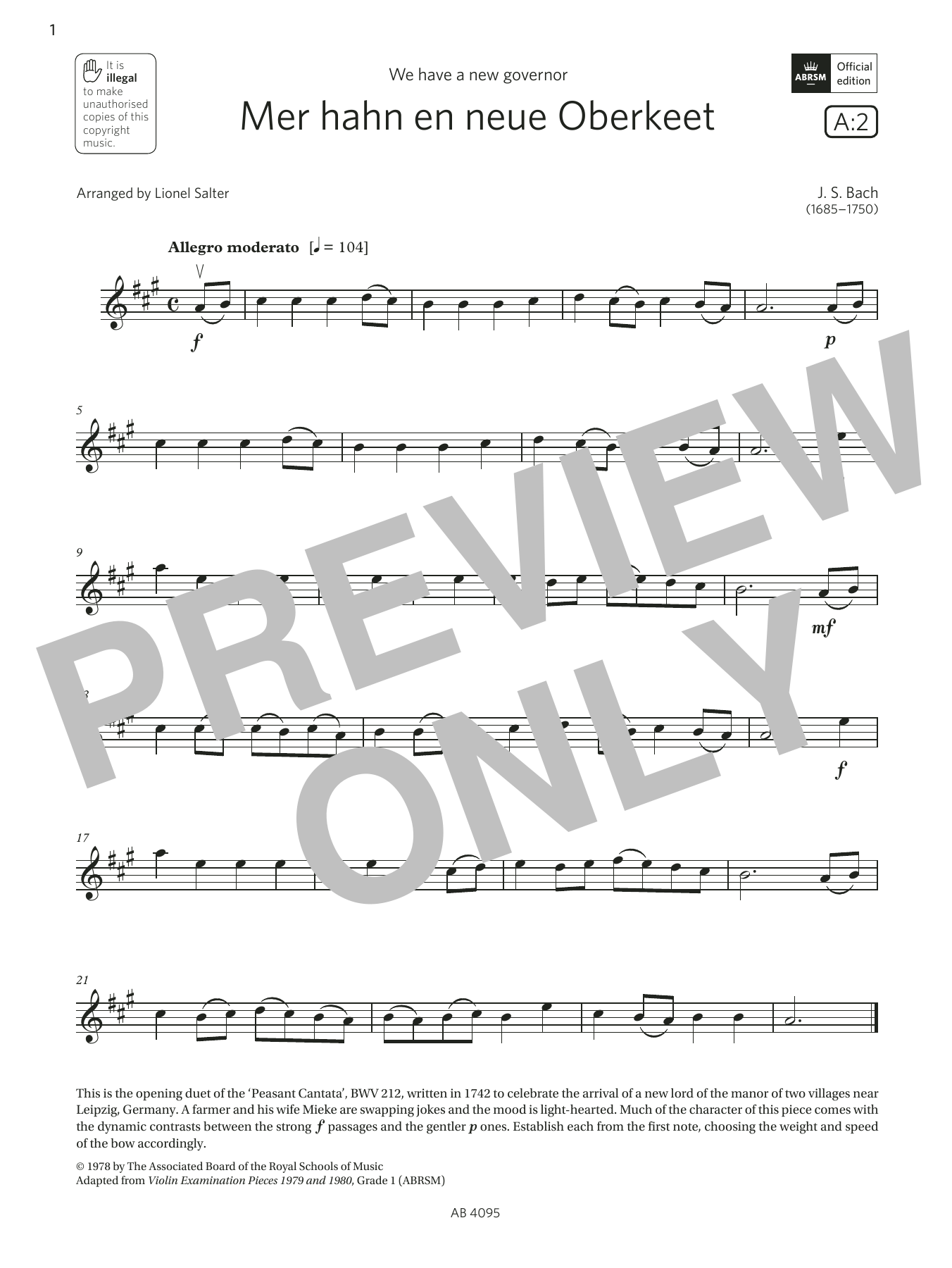 Download J. S. Bach Mer hahn en neue Oberkeet (Grade 1, A2, from the ABRSM Violin Syllabus from 2024 Sheet Music and learn how to play Violin Solo PDF digital score in minutes