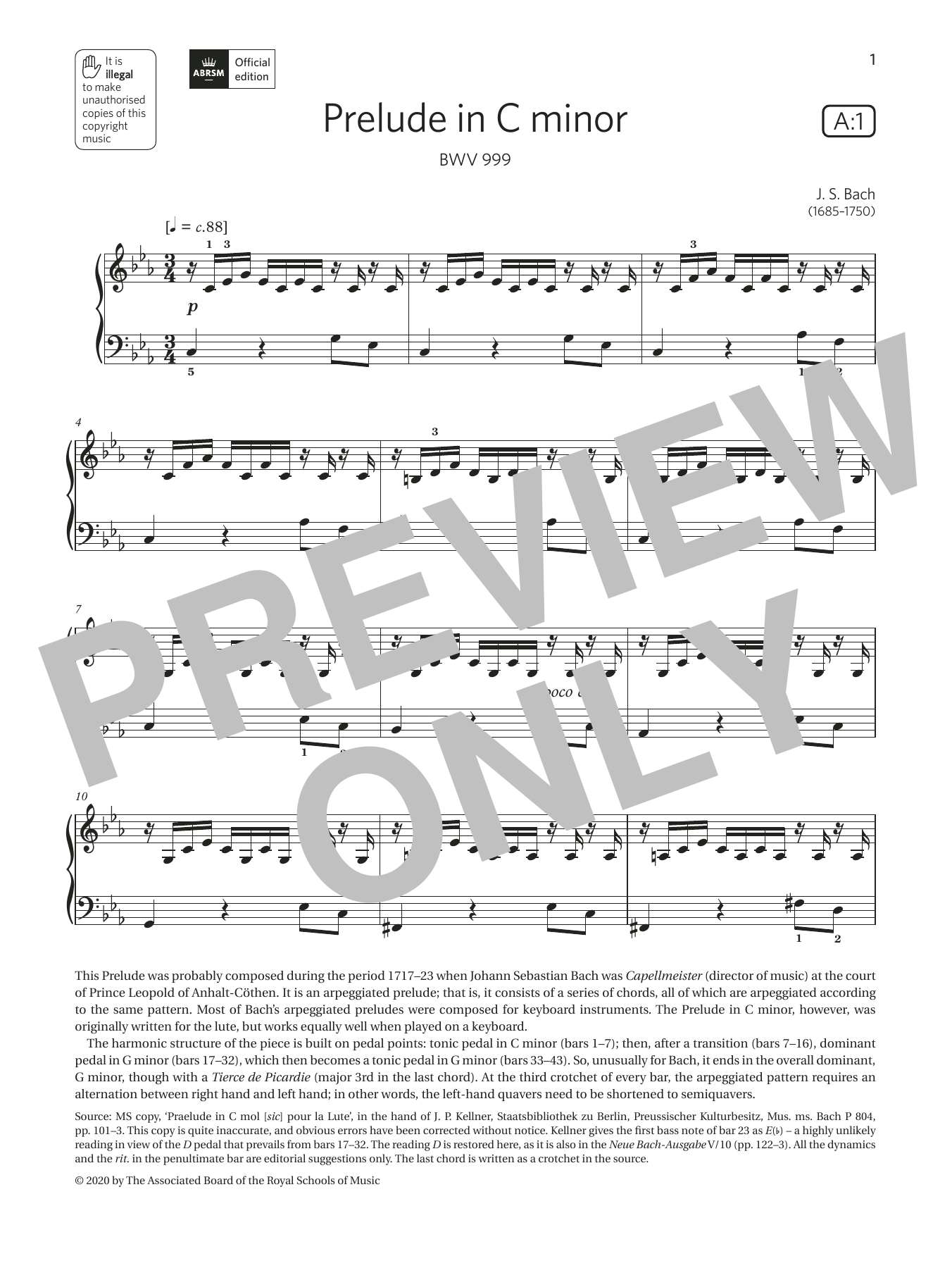 Download J. S. Bach Prelude in C minor (Grade 4, list A1, from the ABRSM Piano Syllabus 2021 & 2022) Sheet Music and learn how to play Piano Solo PDF digital score in minutes