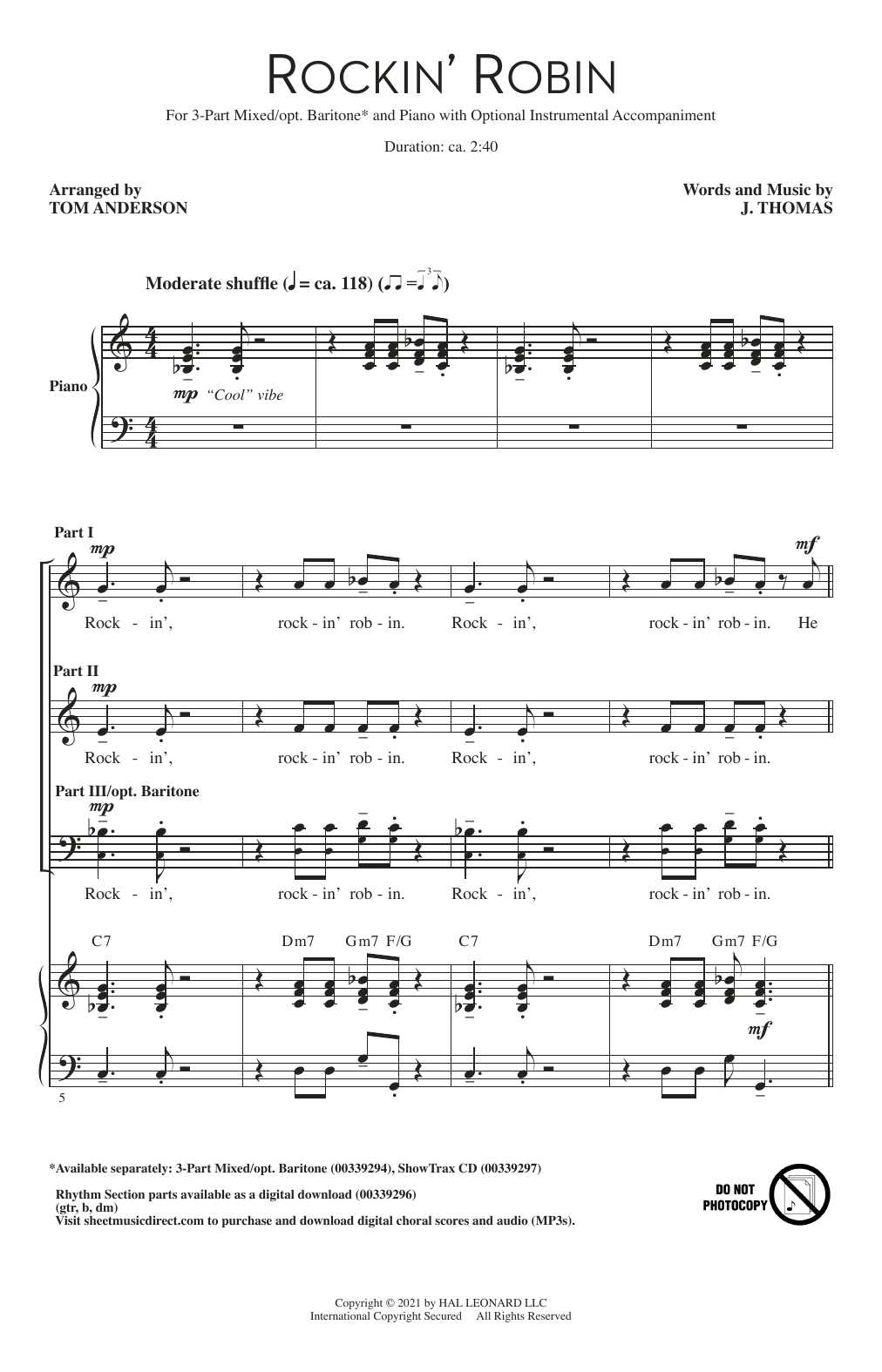 Download J. Thomas Rockin' Robin (arr. Tom Anderson) Sheet Music and learn how to play 3-Part Mixed Choir PDF digital score in minutes