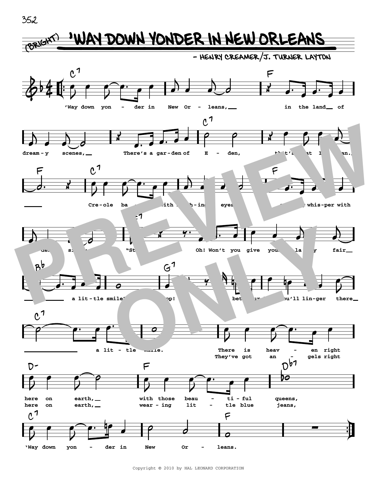 Download J. Turner Layton 'Way Down Yonder In New Orleans (arr. Robert Rawlins) Sheet Music and learn how to play Real Book – Melody, Lyrics & Chords PDF digital score in minutes