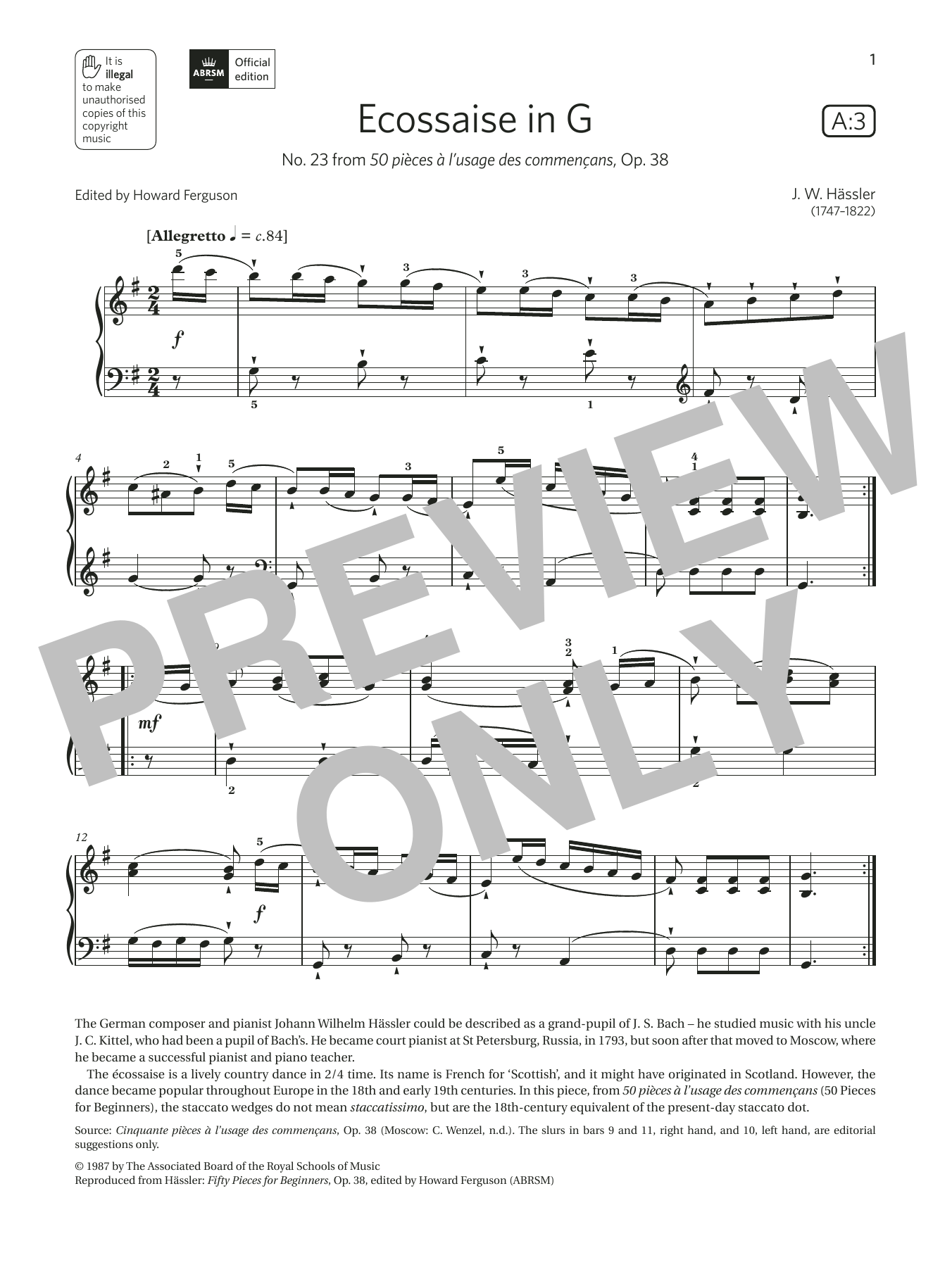 Download J. W. Hässler Ecossaise in G (Grade 2, list A3, from the ABRSM Piano Syllabus 2021 & 2022) Sheet Music and learn how to play Piano Solo PDF digital score in minutes