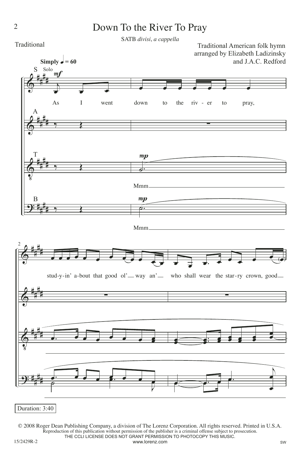 Download Elizabeth Ladizinsky Down To The River To Pray Sheet Music and learn how to play SATB PDF digital score in minutes