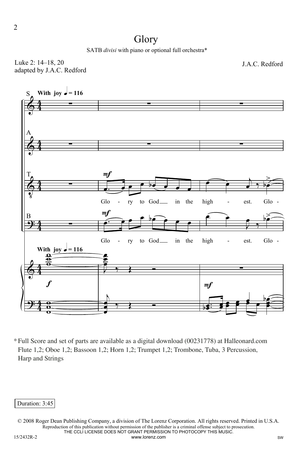 Download J.A.C. Redford Glory Sheet Music and learn how to play SATB PDF digital score in minutes