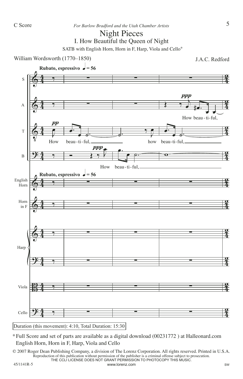 Download J.A.C. Redford Night Pieces Sheet Music and learn how to play SATB PDF digital score in minutes