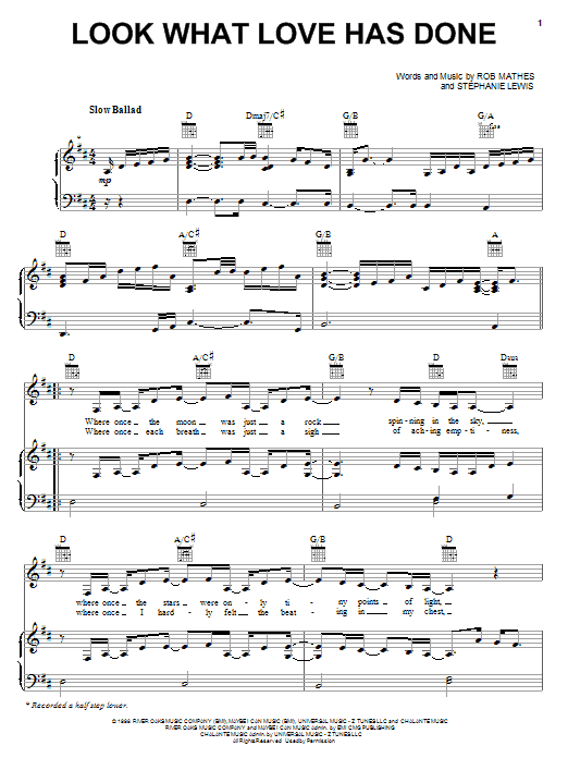 Download Jaci Velasquez Look What Love Has Done Sheet Music and learn how to play Piano, Vocal & Guitar (Right-Hand Melody) PDF digital score in minutes