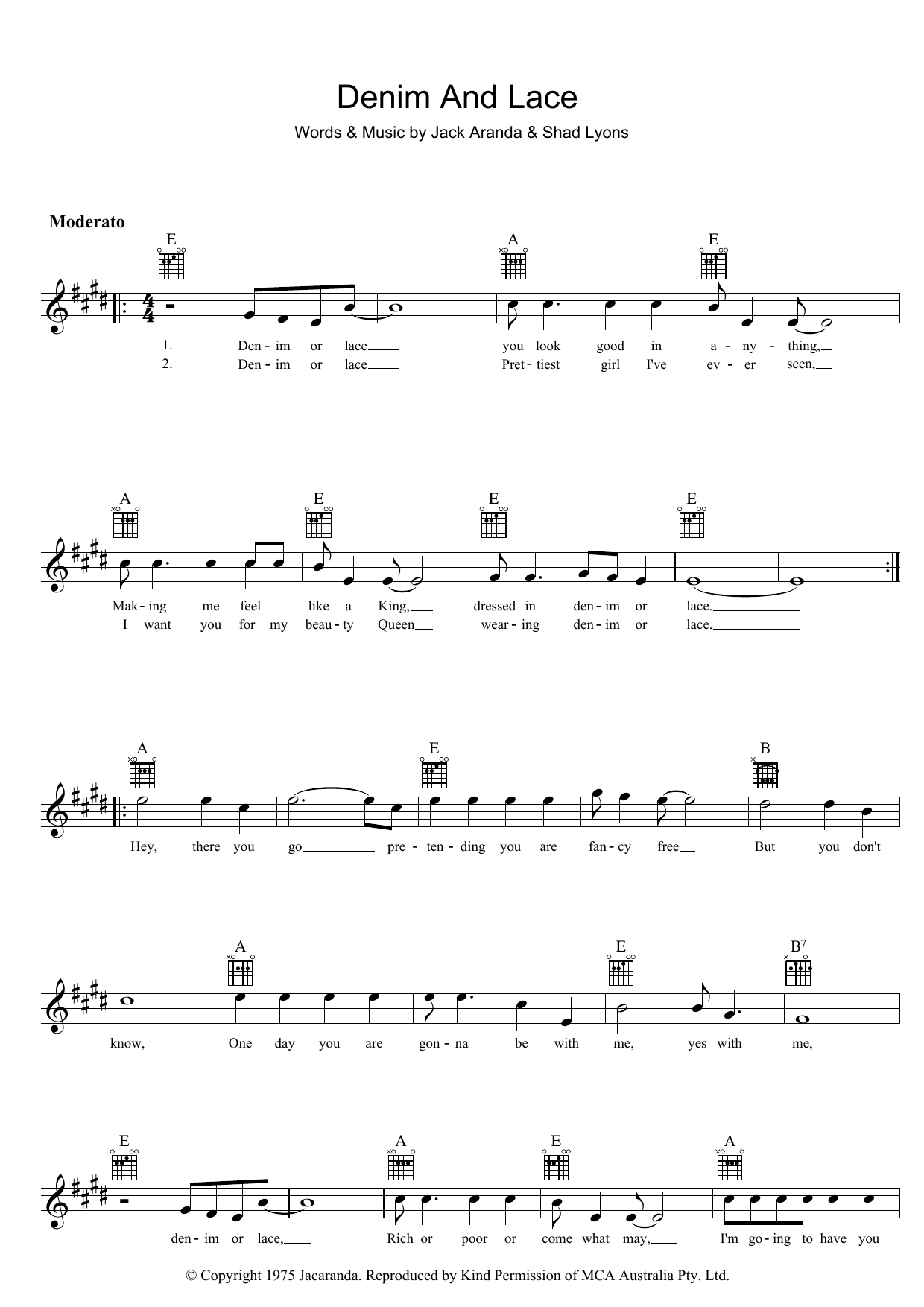 Download Jack Aranda Denim And Lace Sheet Music and learn how to play Melody Line, Lyrics & Chords PDF digital score in minutes