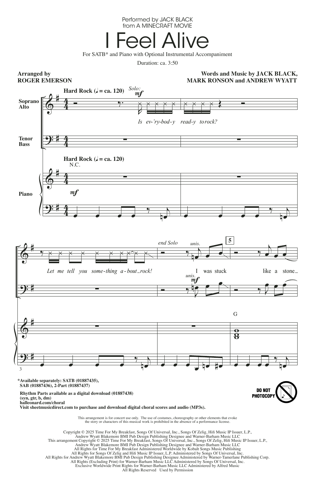 Download Jack Black I Feel Alive (from A Minecraft Movie) (arr. Roger Emerson) Sheet Music and learn how to play 2-Part Choir PDF digital score in minutes