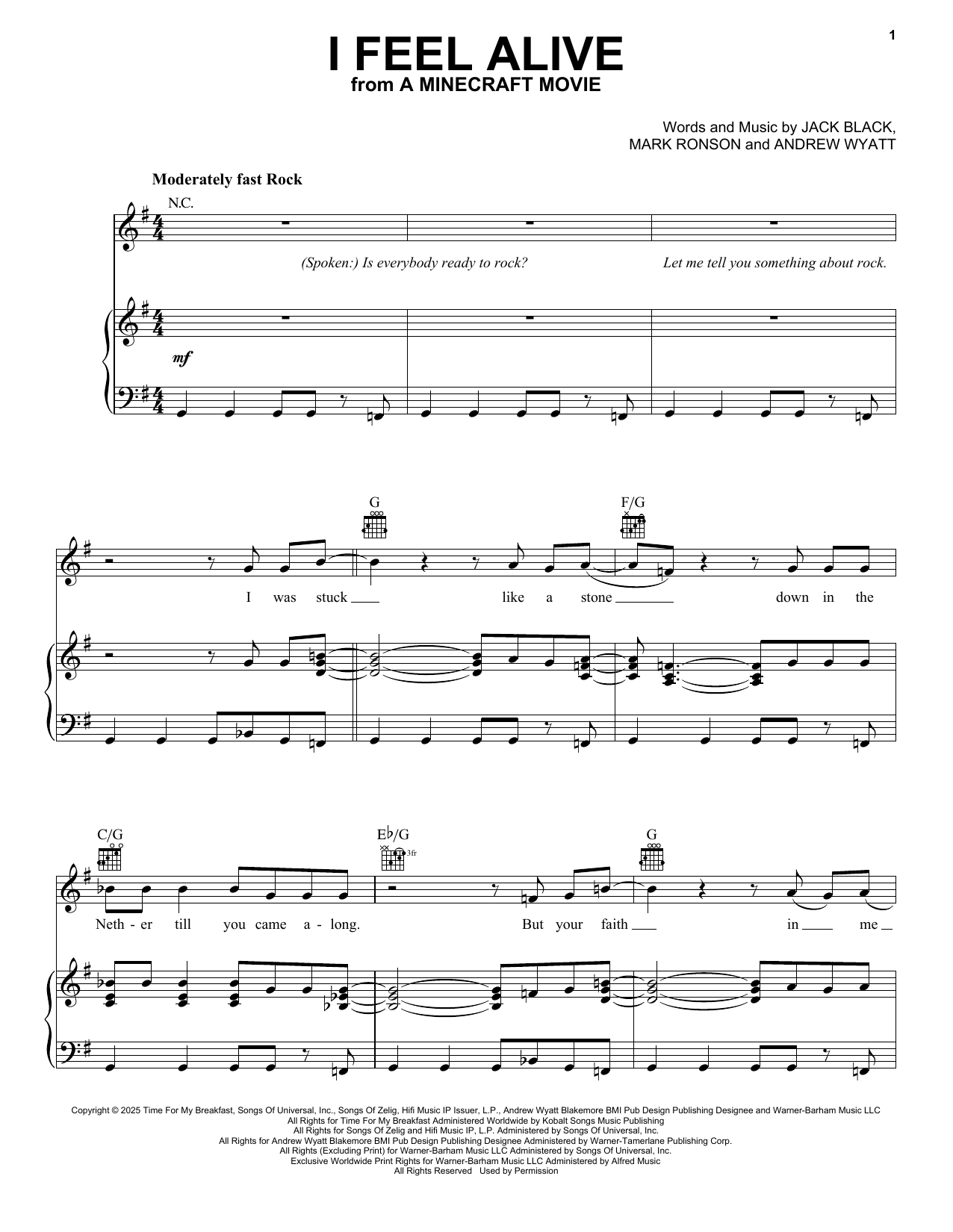 Download Jack Black I Feel Alive (from A Minecraft Movie) Sheet Music and learn how to play Piano, Vocal & Guitar Chords (Right-Hand Melody) PDF digital score in minutes