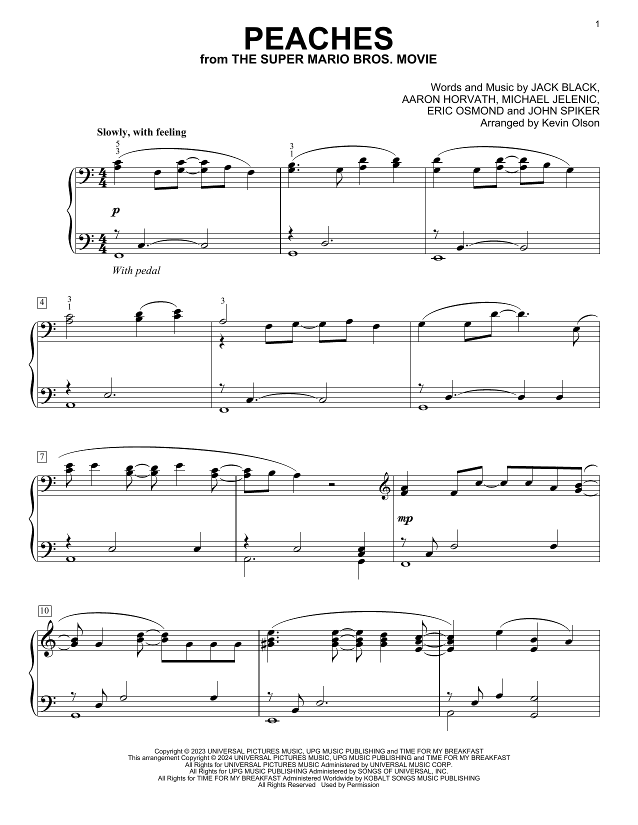 Download Jack Black Peaches (from The Super Mario Bros. Movie) (arr. Kevin Olson) Sheet Music and learn how to play Easy Piano Solo PDF digital score in minutes