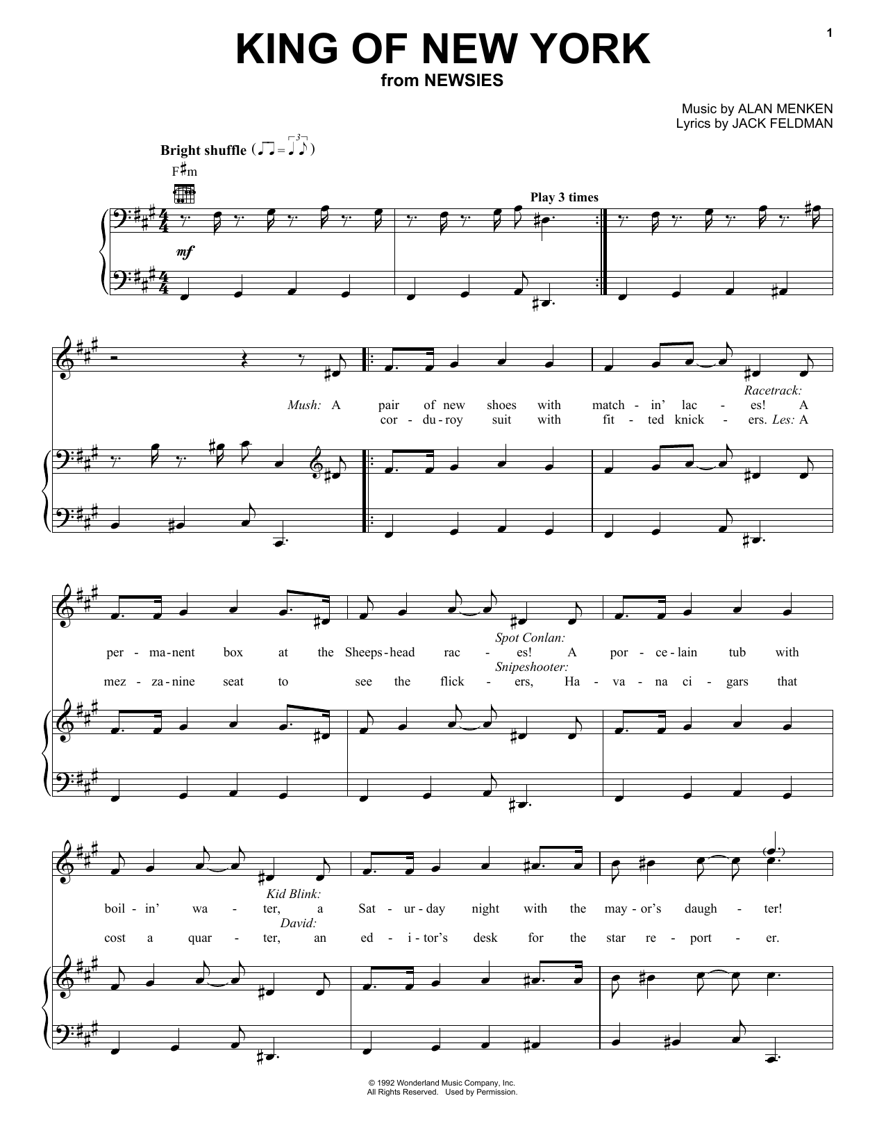 Download Alan Menken King Of New York (from Newsies) Sheet Music and learn how to play Piano, Vocal & Guitar (Right-Hand Melody) PDF digital score in minutes