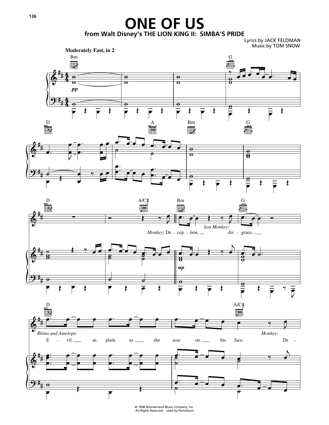 Download Jack Feldman One Of Us (from The Lion King II: Simba's Pride) Sheet Music and learn how to play Piano, Vocal & Guitar Chords (Right-Hand Melody) PDF digital score in minutes
