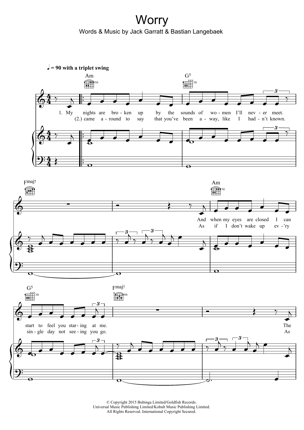 Download Jack Garratt Worry Sheet Music and learn how to play Piano, Vocal & Guitar (Right-Hand Melody) PDF digital score in minutes