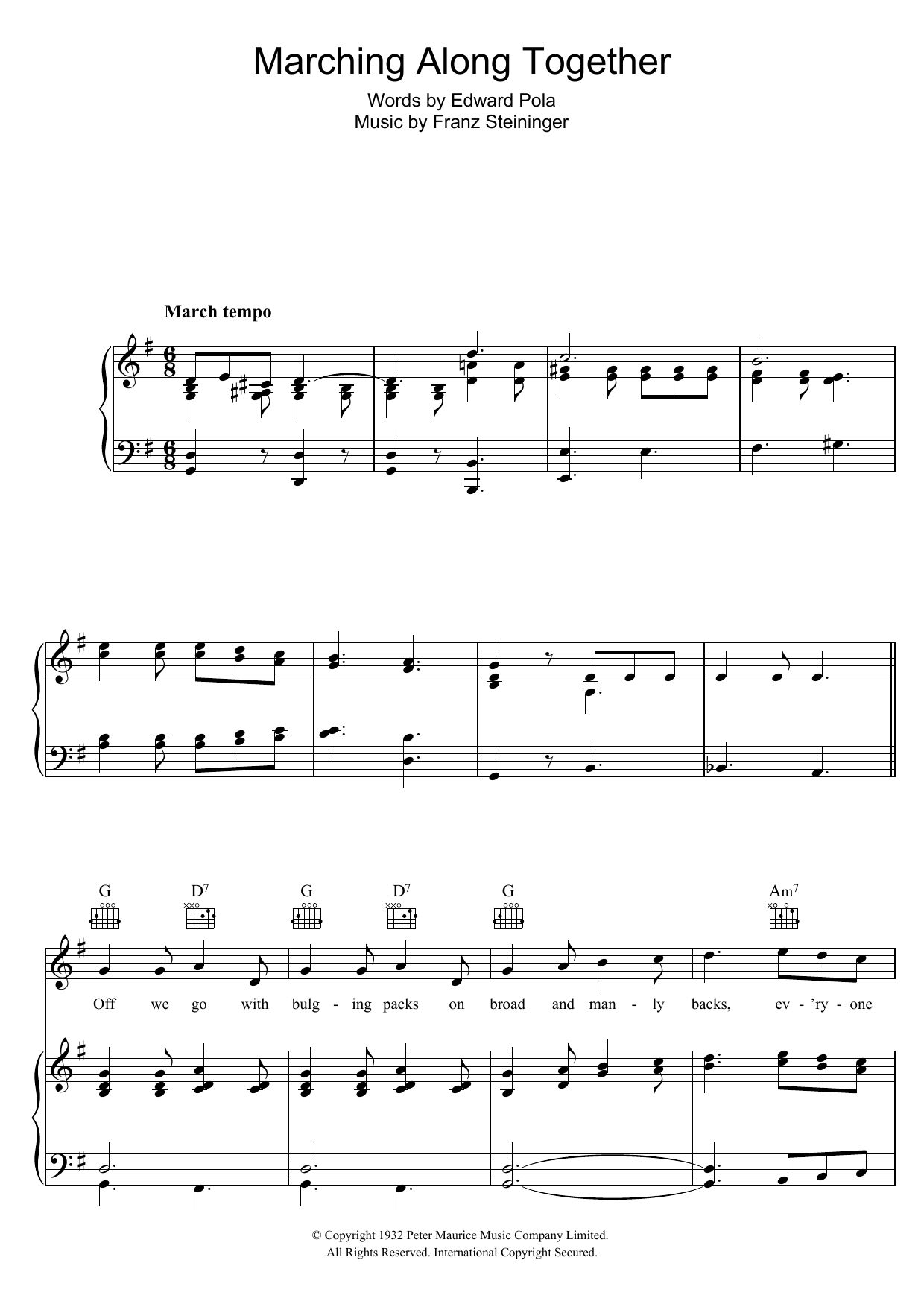 Download Jack Hylton Marching Along Together Sheet Music and learn how to play Piano, Vocal & Guitar (Right-Hand Melody) PDF digital score in minutes