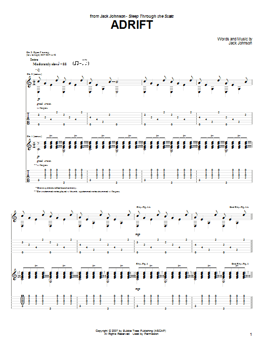 Download Jack Johnson Adrift Sheet Music and learn how to play Piano, Vocal & Guitar (Right-Hand Melody) PDF digital score in minutes