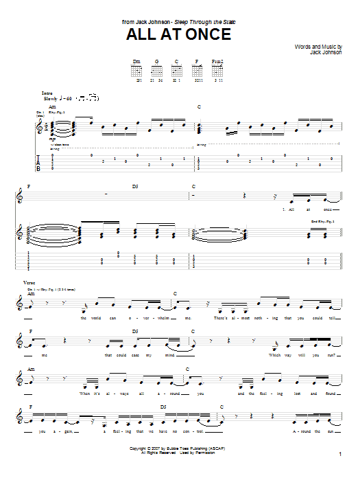 Download Jack Johnson All At Once Sheet Music and learn how to play Guitar Tab PDF digital score in minutes