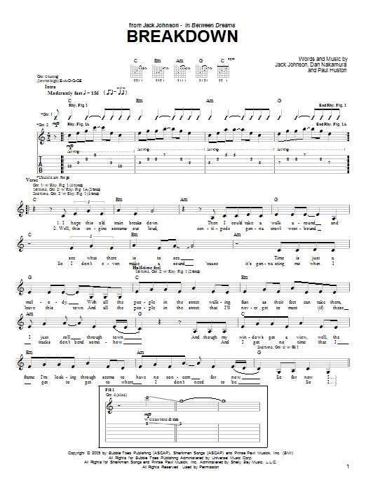 Download Jack Johnson Breakdown Sheet Music and learn how to play Ukulele with strumming patterns PDF digital score in minutes