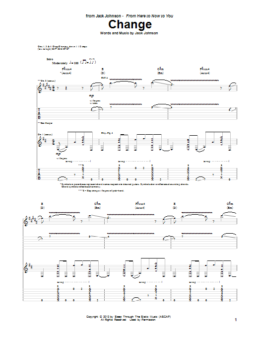 Download Jack Johnson Change Sheet Music and learn how to play Guitar Tab PDF digital score in minutes