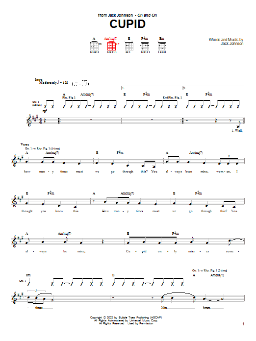 Download Jack Johnson Cupid Sheet Music and learn how to play Guitar Tab PDF digital score in minutes