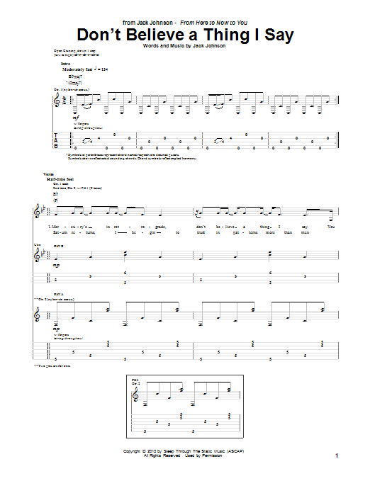 Download Jack Johnson Don't Believe A Thing I Say Sheet Music and learn how to play Guitar Tab PDF digital score in minutes