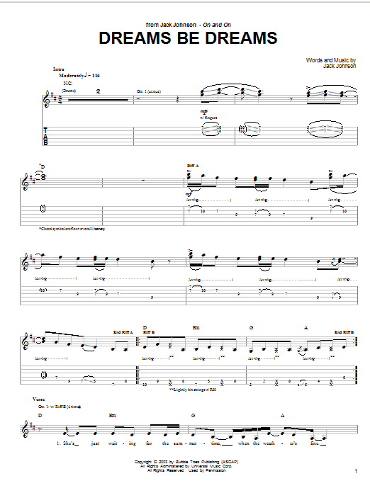Download Jack Johnson Dreams Be Dreams Sheet Music and learn how to play Guitar Tab PDF digital score in minutes