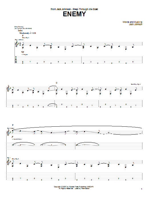 Download Jack Johnson Enemy Sheet Music and learn how to play Guitar Tab PDF digital score in minutes