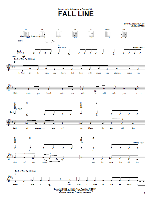 Download Jack Johnson Fall Line Sheet Music and learn how to play Guitar Tab PDF digital score in minutes