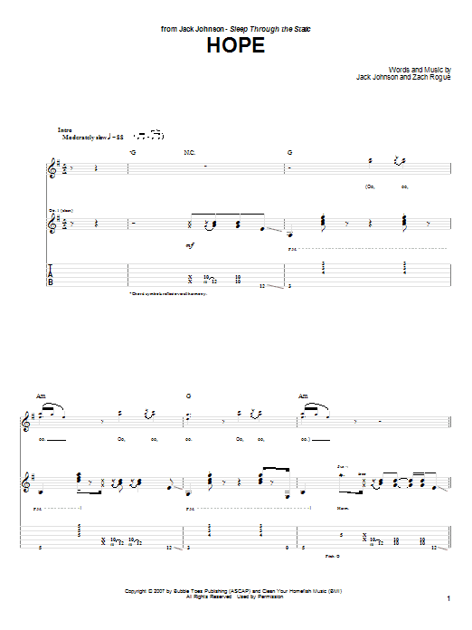 Download Jack Johnson Hope Sheet Music and learn how to play Guitar Tab PDF digital score in minutes