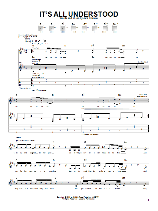 Download Jack Johnson It's All Understood Sheet Music and learn how to play Lyrics & Chords PDF digital score in minutes