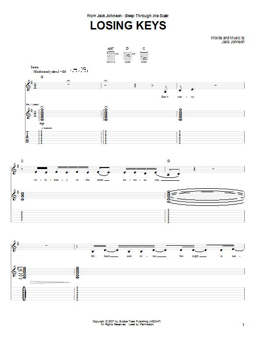Download Jack Johnson Losing Keys Sheet Music and learn how to play Guitar Tab PDF digital score in minutes