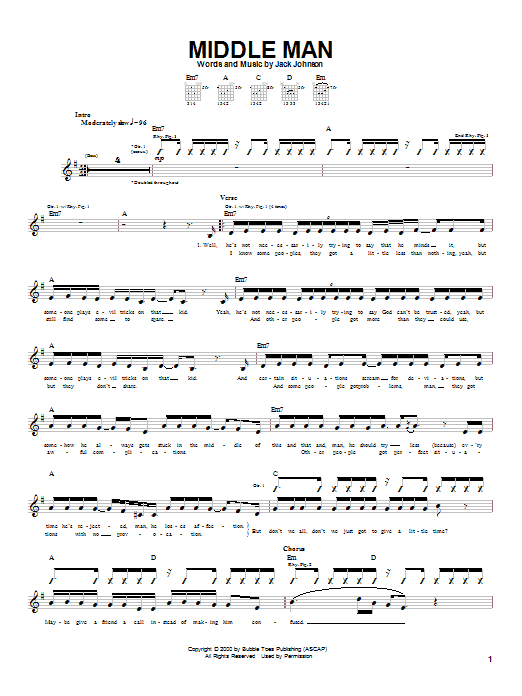 Download Jack Johnson Middle Man Sheet Music and learn how to play Lyrics & Chords PDF digital score in minutes