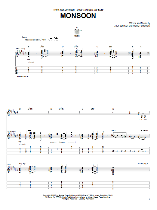 Download Jack Johnson Monsoon Sheet Music and learn how to play Guitar Tab PDF digital score in minutes