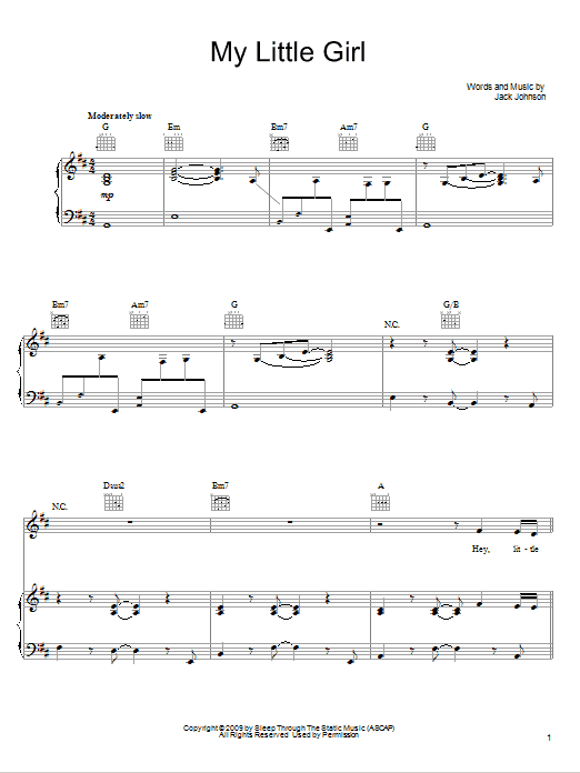 Download Jack Johnson My Little Girl Sheet Music and learn how to play Piano, Vocal & Guitar (Right-Hand Melody) PDF digital score in minutes
