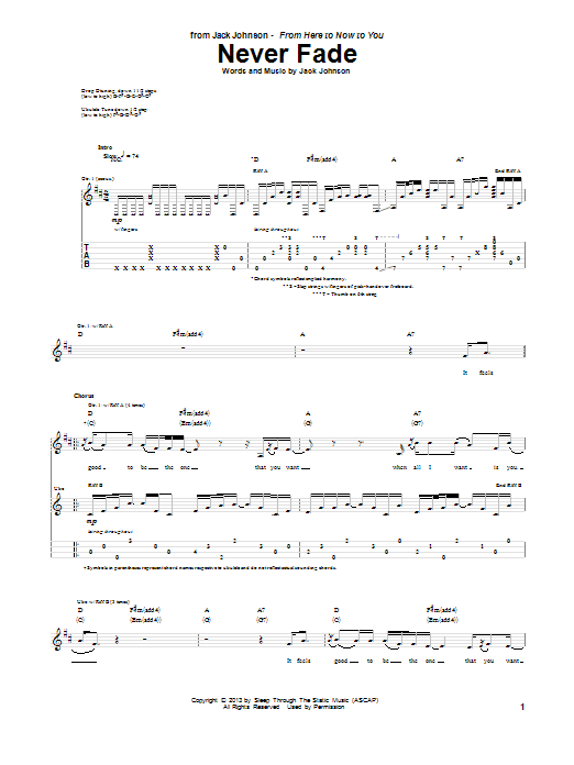 Download Jack Johnson Never Fade Sheet Music and learn how to play Guitar Tab PDF digital score in minutes