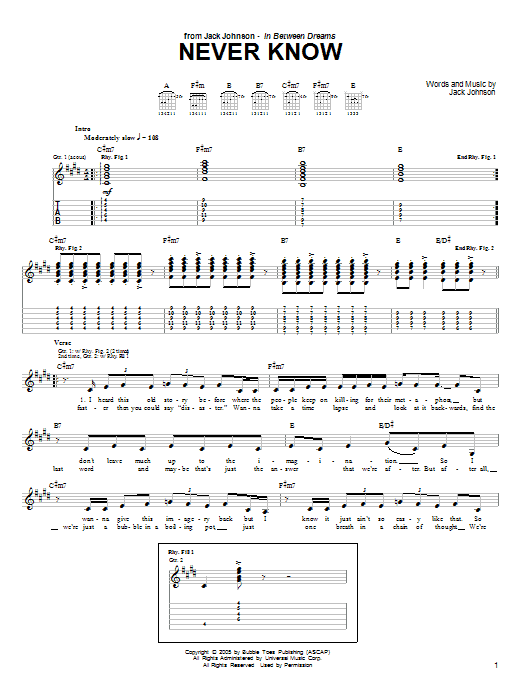 Download Jack Johnson Never Know Sheet Music and learn how to play Ukulele with strumming patterns PDF digital score in minutes